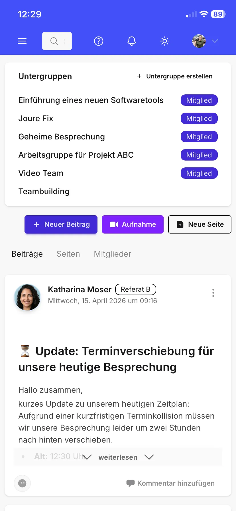 klaris PWA - Gruppen und Projekte